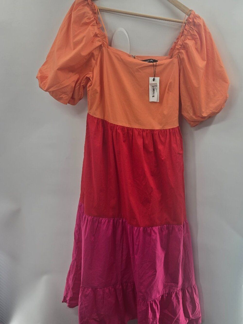 Sugarlips Multi Citrus Colorblock Tiered Puff Sleeve 100% Cotton Midi Dress XS